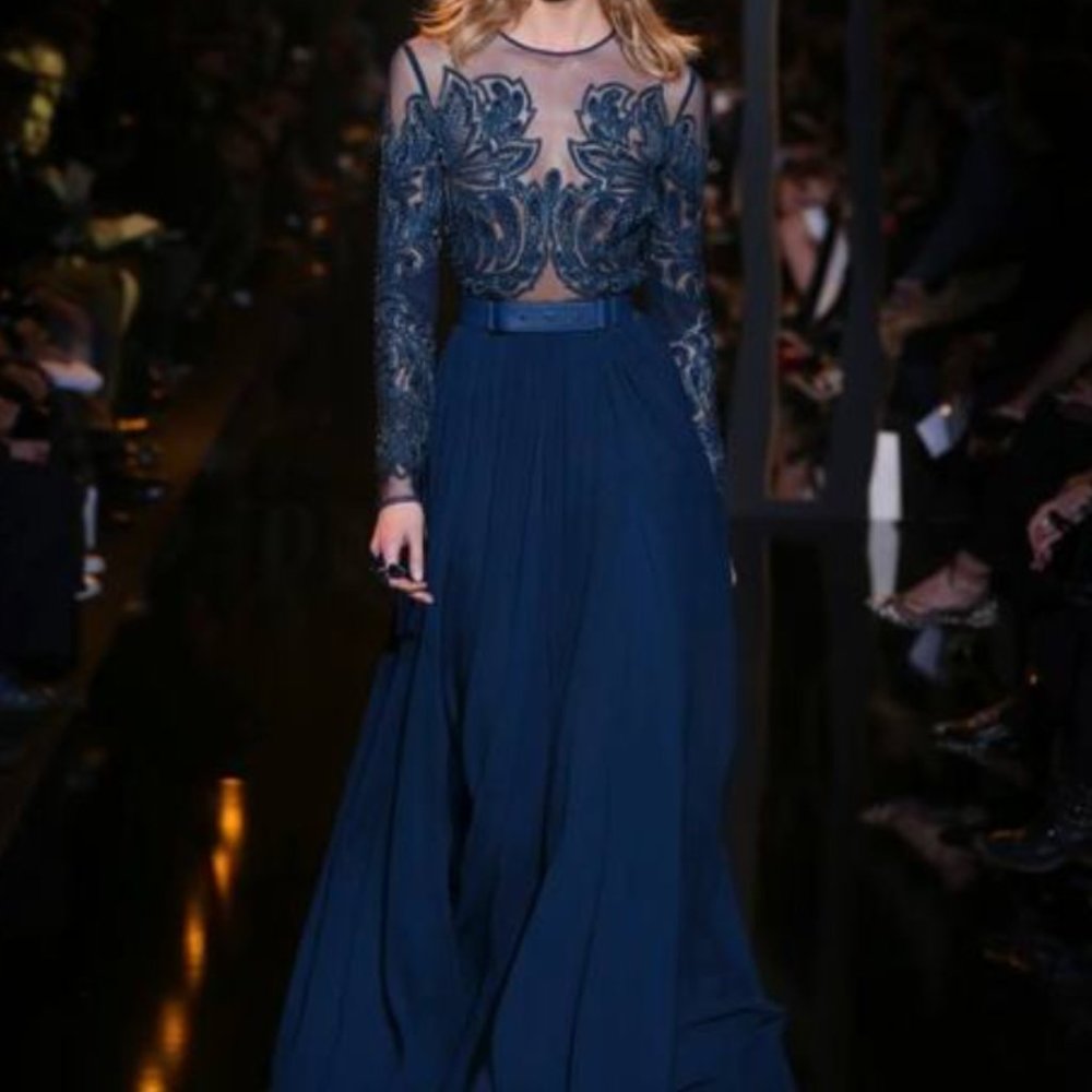 NWT Elie Saab Peacock Blue Sequin Beaded Long Sleeve Gown Dress, Sz 36